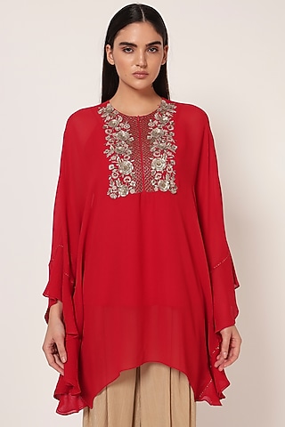 Red Georgette Frilled Tunic by Namrata Joshipura