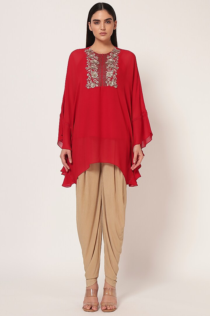 Red Georgette Frilled Tunic by Namrata Joshipura at Pernia's Pop Up Shop