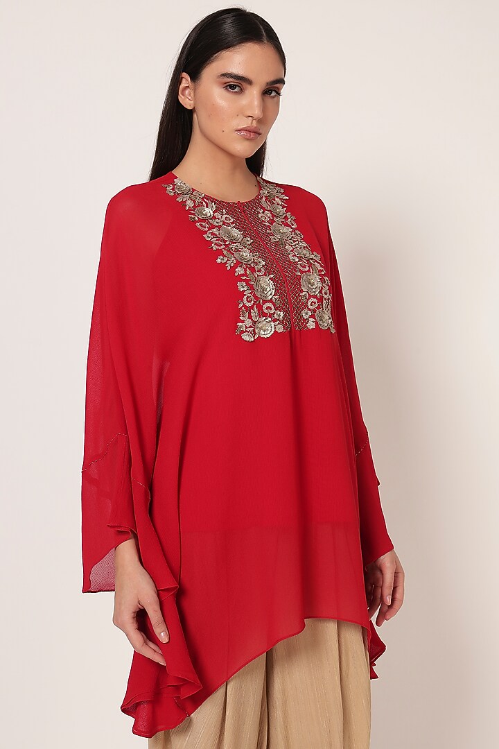 Red Georgette Frilled Tunic by Namrata Joshipura at Pernia's Pop Up Shop