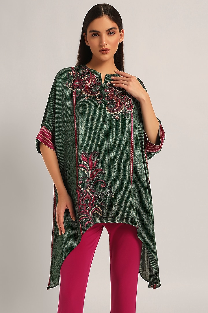 Green Crinkled Cupro Paisley Handkerchief Tunic by Namrata Joshipura at Pernia's Pop Up Shop