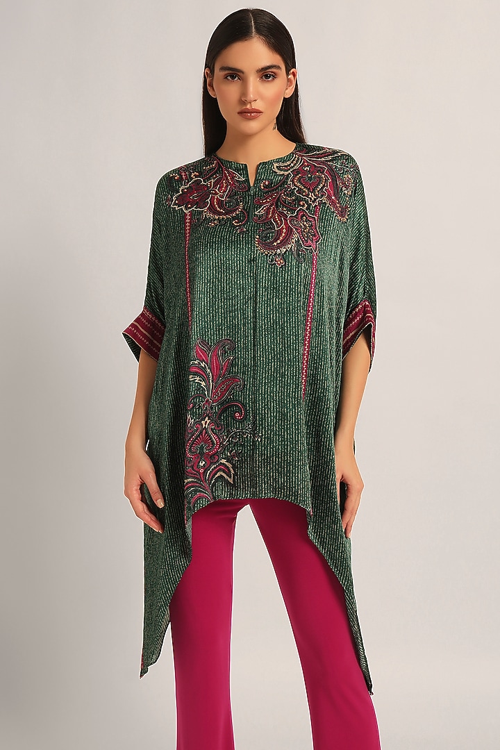 Green Crinkled Cupro Paisley Handkerchief Tunic by Namrata Joshipura at Pernia's Pop Up Shop