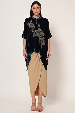 Teal Blue Velvet Handkerchief Tunic by Namrata Joshipura