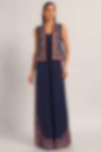 Navy Cupro Satin Paisley Printed Jumpsuit With Jacket by Namrata Joshipura at Pernia's Pop Up Shop