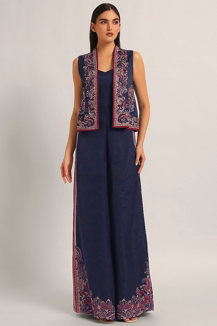 Navy Cupro Satin Paisley Printed Jumpsuit With Jacket by Namrata Joshipura at Pernia's Pop Up Shop