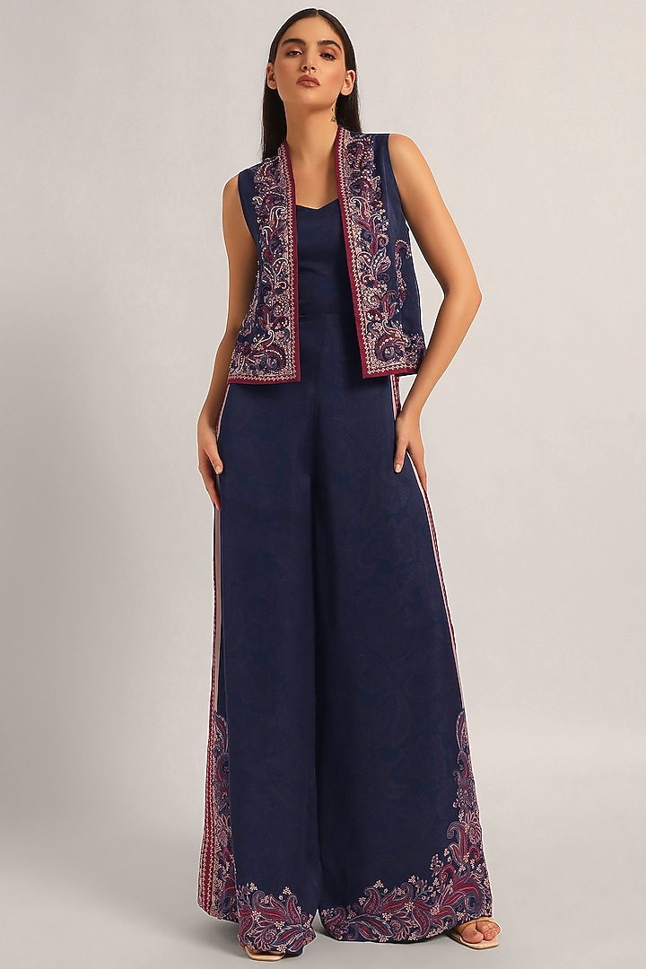 Navy Cupro Satin Paisley Printed Jumpsuit With Jacket by Namrata Joshipura at Pernia's Pop Up Shop