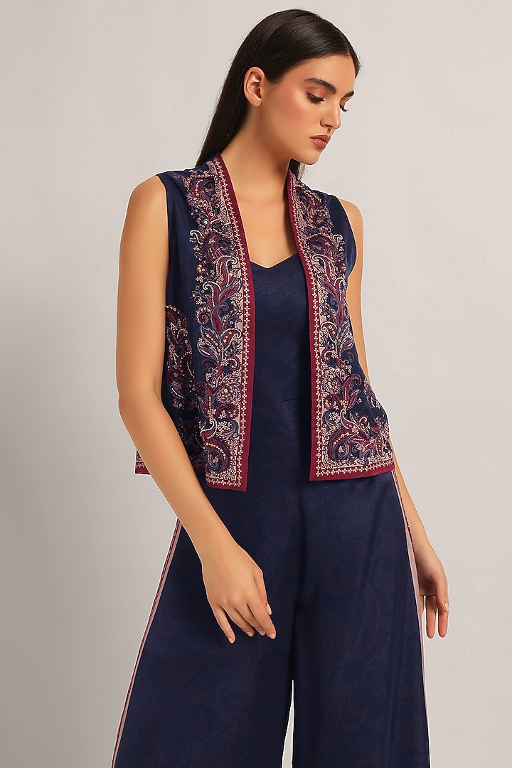 Navy Cupro Satin Paisley Printed Jumpsuit With Jacket by Namrata Joshipura at Pernia's Pop Up Shop