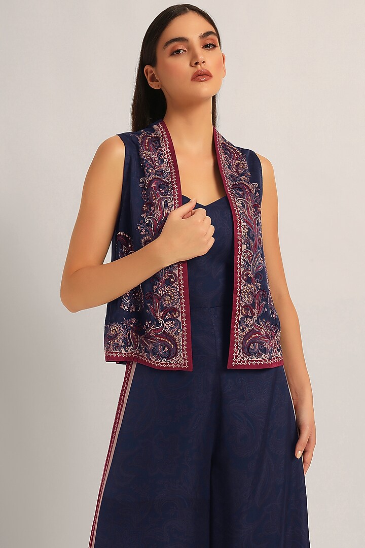 Navy Cupro Satin Paisley Printed Jumpsuit With Jacket by Namrata Joshipura at Pernia's Pop Up Shop