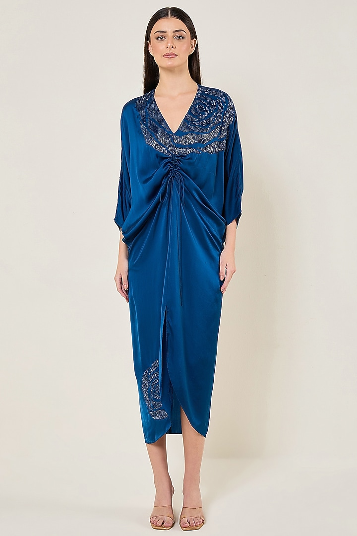 Teal Blue Cupro Satin Cocktail Dress by Namrata Joshipura at Pernia's Pop Up Shop