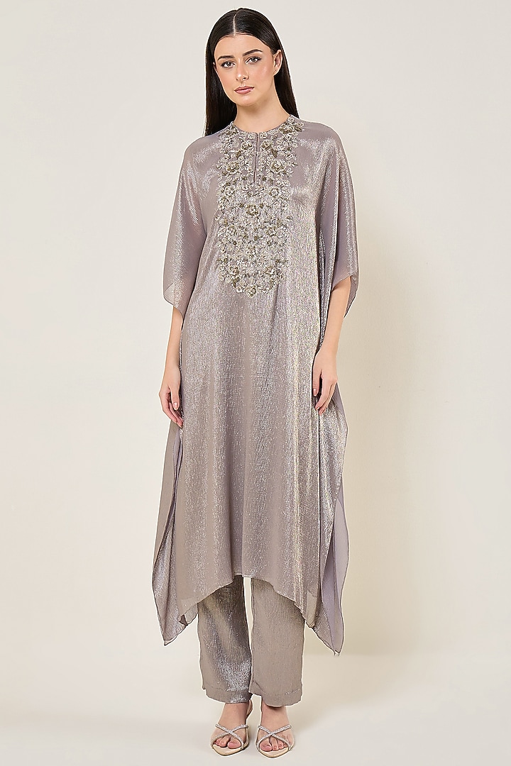 Champagne Grey Shimmer Chiffon Embroidered Kaftan Set by Namrata Joshipura at Pernia's Pop Up Shop