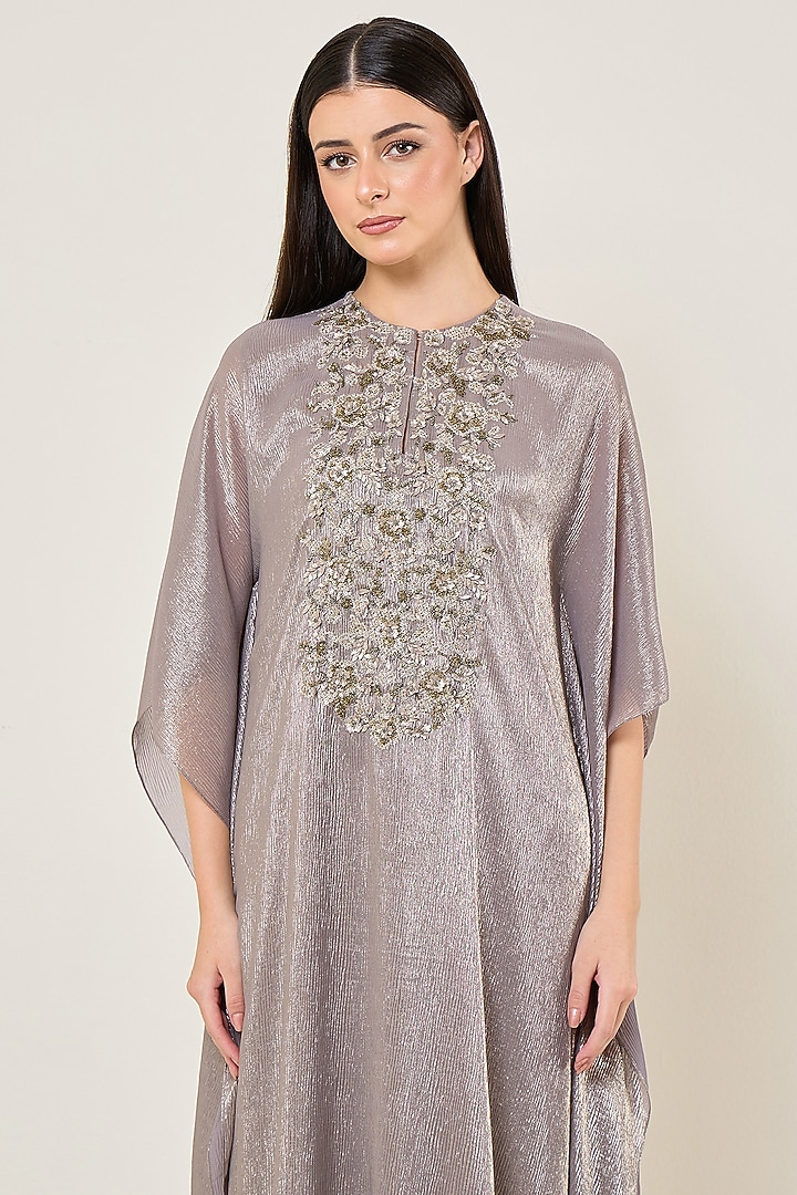 Champagne Grey Shimmer Chiffon Embroidered Kaftan Set by Namrata Joshipura at Pernia's Pop Up Shop