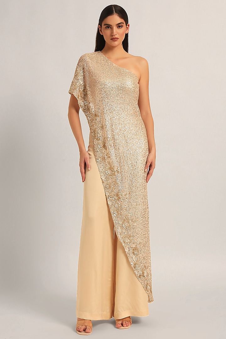 Ivory Mesh Sequin One-Shoulder Jumpsuit by Namrata Joshipura at Pernia's Pop Up Shop