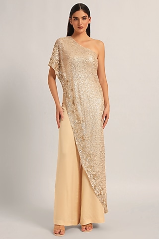 Ivory Mesh Sequin One-Shoulder Jumpsuit by Namrata Joshipura