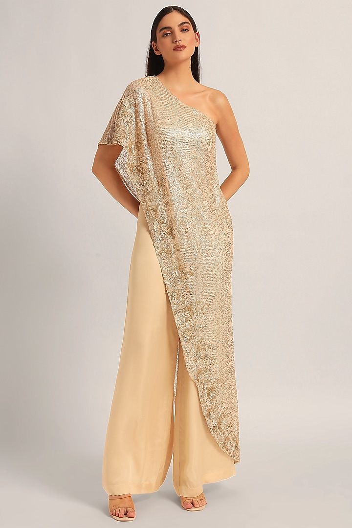 Ivory Mesh Sequin One-Shoulder Jumpsuit by Namrata Joshipura at Pernia's Pop Up Shop