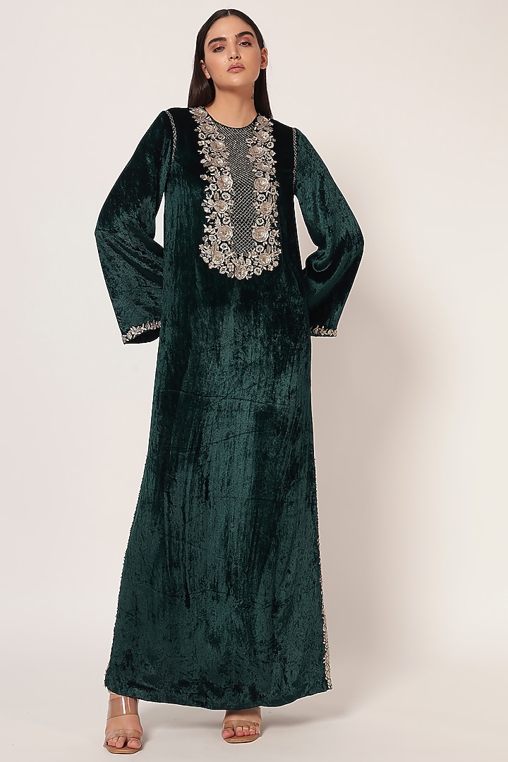 Hunter Green Velvet Kaftan by Namrata Joshipura at Pernia's Pop Up Shop