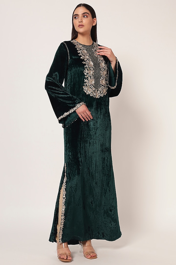 Hunter Green Velvet Kaftan by Namrata Joshipura at Pernia's Pop Up Shop