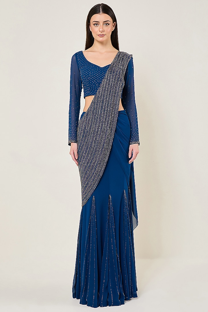 Teal Blue Viscose Georgette Reception Saree Set by Namrata Joshipura at Pernia's Pop Up Shop