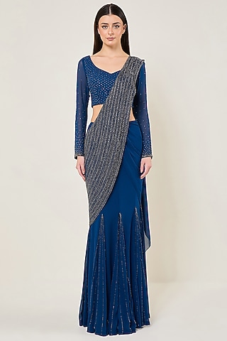 Teal Blue Viscose Georgette Saree Set by Namrata Joshipura