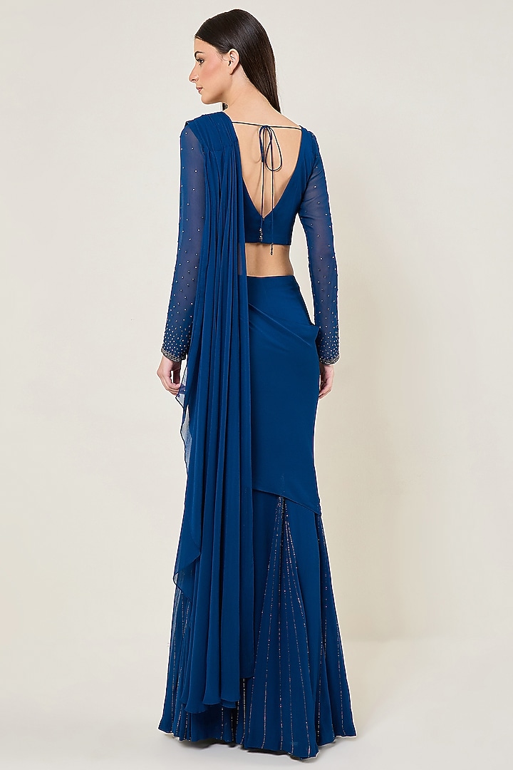 Teal Blue Viscose Georgette Reception Saree Set by Namrata Joshipura at Pernia's Pop Up Shop