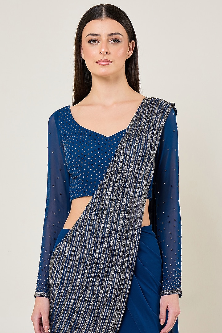 Teal Blue Viscose Georgette Reception Saree Set by Namrata Joshipura at Pernia's Pop Up Shop