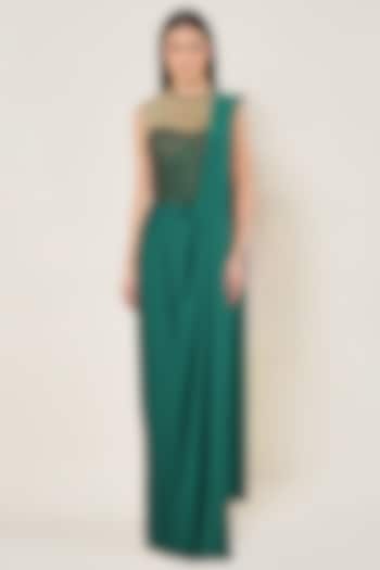 Hunter Green Jersey Draped Wedding Saree Set by Namrata Joshipura at Pernia's Pop Up Shop