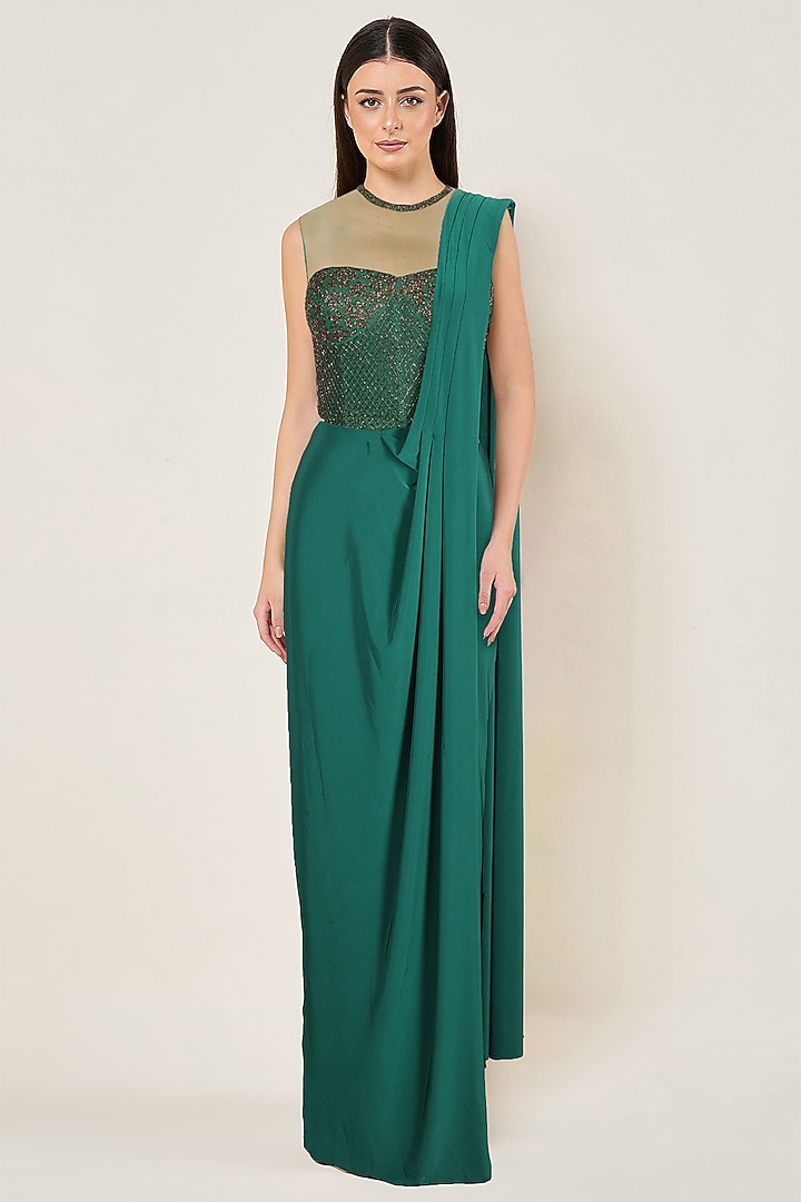 Hunter Green Jersey Draped Wedding Saree Set by Namrata Joshipura at Pernia's Pop Up Shop
