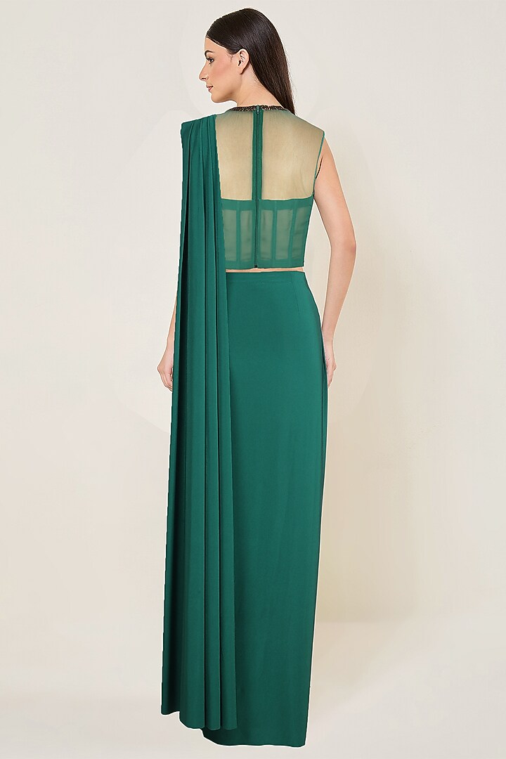 Hunter Green Jersey Draped Wedding Saree Set by Namrata Joshipura at Pernia's Pop Up Shop
