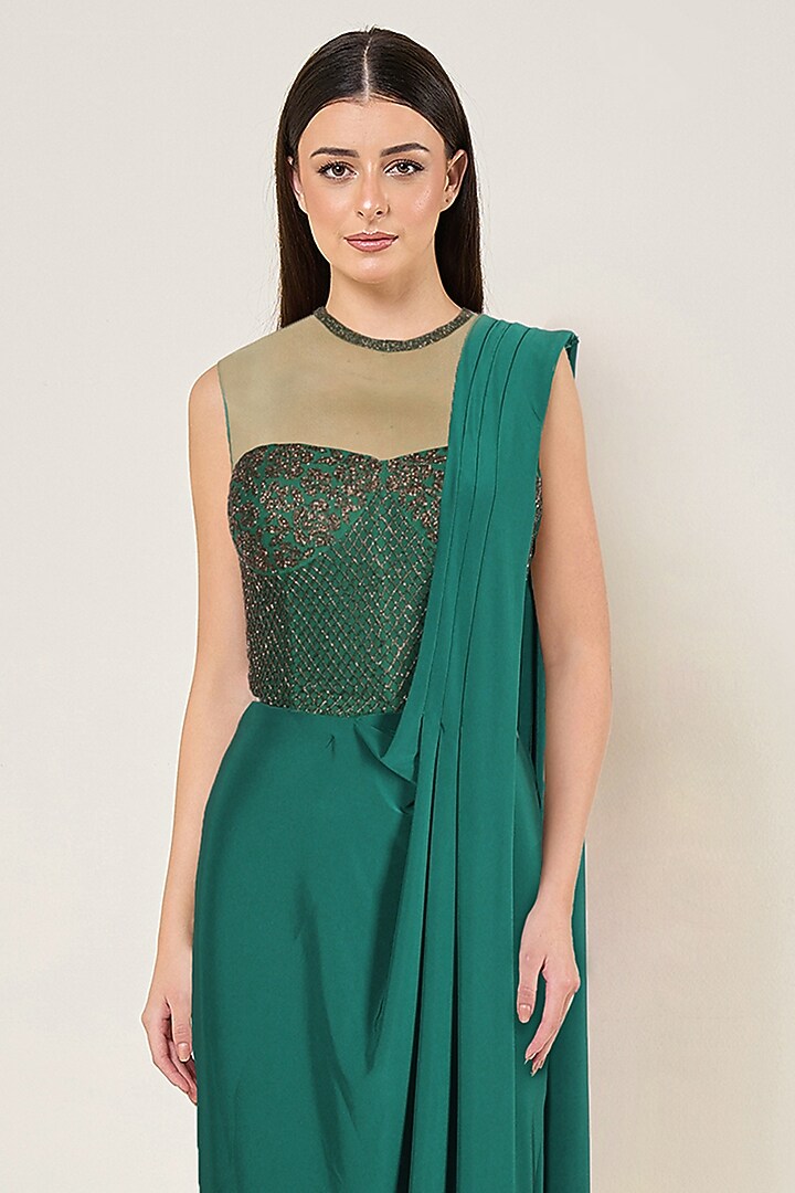 Hunter Green Jersey Draped Wedding Saree Set by Namrata Joshipura at Pernia's Pop Up Shop