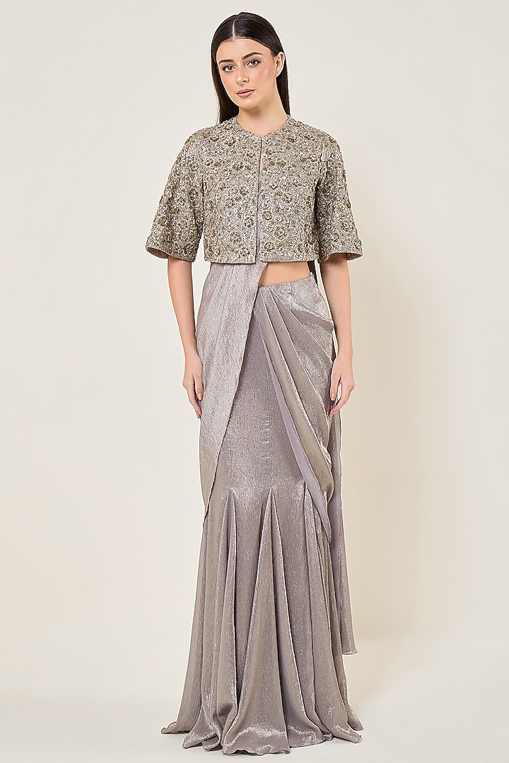 Champagne Grey Shimmer Chiffon Reception Saree Set by Namrata Joshipura at Pernia's Pop Up Shop
