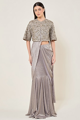 Champagne Grey Shimmer Chiffon Saree Set by Namrata Joshipura