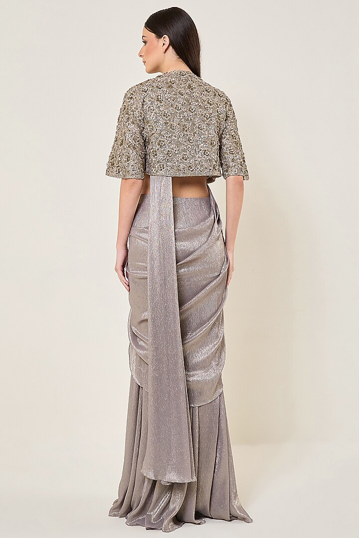 Champagne Grey Shimmer Chiffon Reception Saree Set by Namrata Joshipura at Pernia's Pop Up Shop