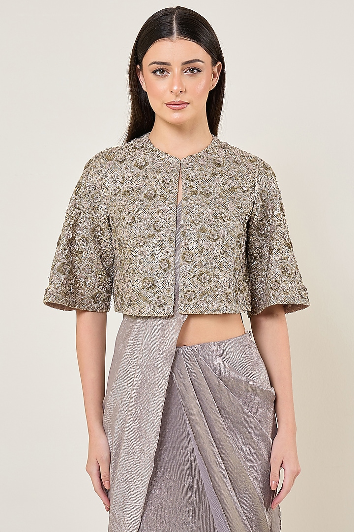 Champagne Grey Shimmer Chiffon Reception Saree Set by Namrata Joshipura at Pernia's Pop Up Shop