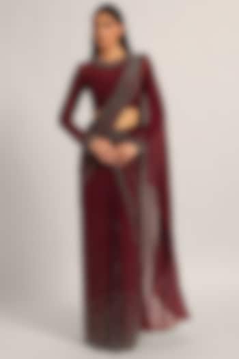 Wine Jersey Embellished Draped Reception Saree Set by Namrata Joshipura at Pernia's Pop Up Shop