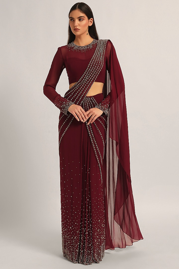 Wine Jersey Embellished Draped Reception Saree Set by Namrata Joshipura at Pernia's Pop Up Shop