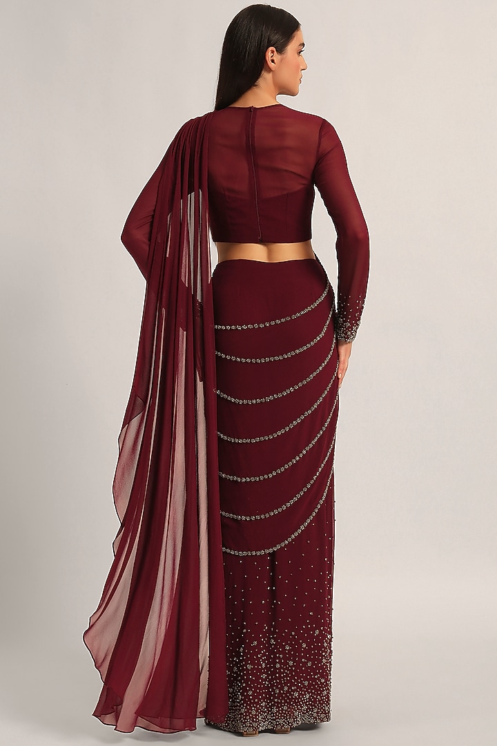 Wine Jersey Embellished Draped Reception Saree Set by Namrata Joshipura at Pernia's Pop Up Shop