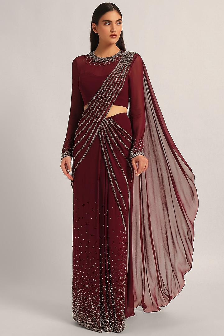 Wine Jersey Embellished Draped Reception Saree Set by Namrata Joshipura at Pernia's Pop Up Shop