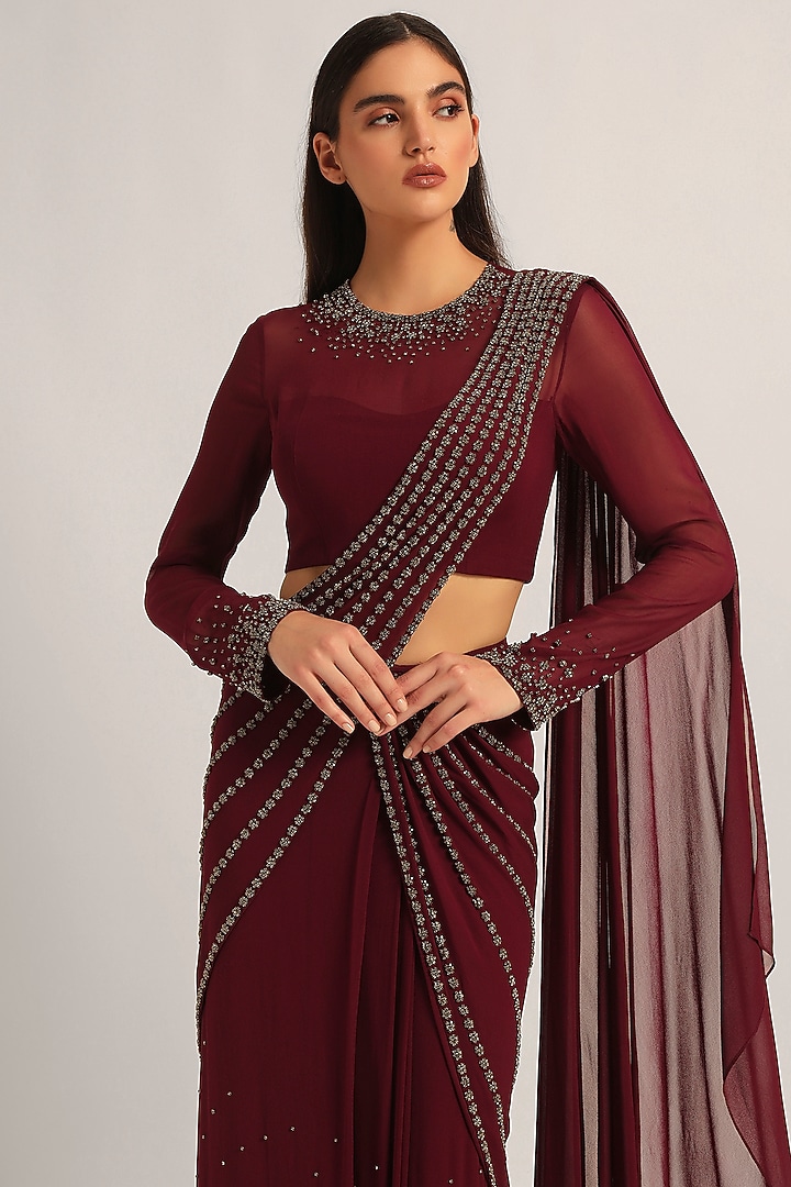 Wine Jersey Embellished Draped Reception Saree Set by Namrata Joshipura at Pernia's Pop Up Shop