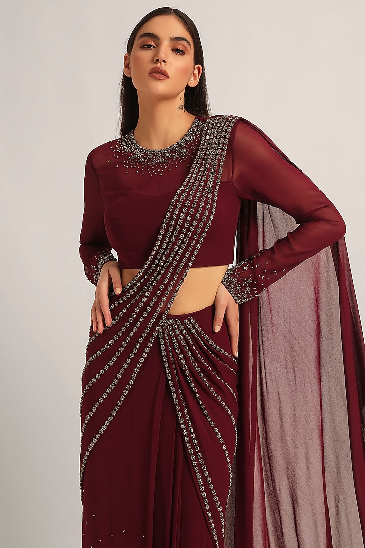 Wine Jersey Embellished Draped Reception Saree Set by Namrata Joshipura at Pernia's Pop Up Shop