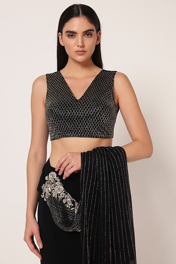 Black jersey Draped Reception Saree Set by Namrata Joshipura at Pernia's Pop Up Shop