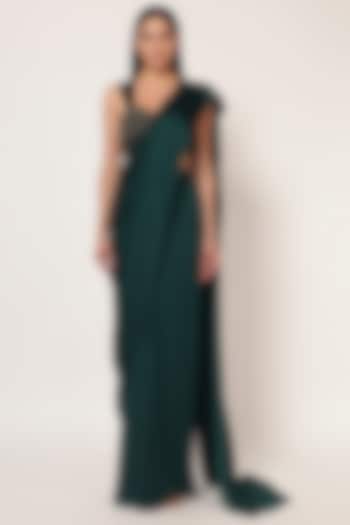 Teal Green Velvet & Crepe Draped Wedding Saree Set by Namrata Joshipura at Pernia's Pop Up Shop