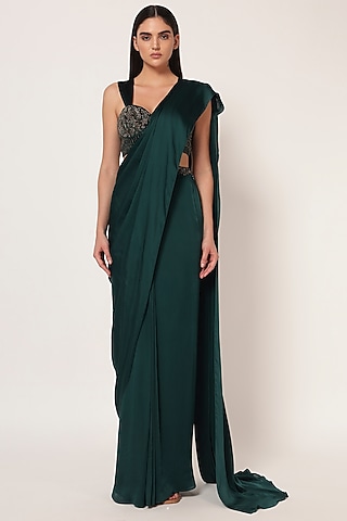 Teal Green Velvet & Crepe Draped Saree Set by Namrata Joshipura