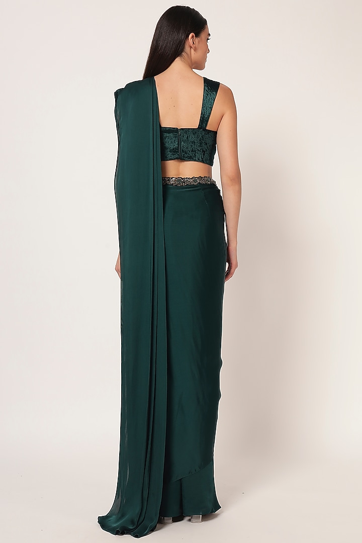 Teal Green Velvet & Crepe Draped Wedding Saree Set by Namrata Joshipura at Pernia's Pop Up Shop