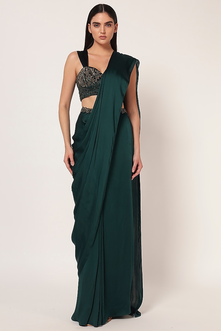 Teal Green Velvet & Crepe Draped Wedding Saree Set by Namrata Joshipura at Pernia's Pop Up Shop