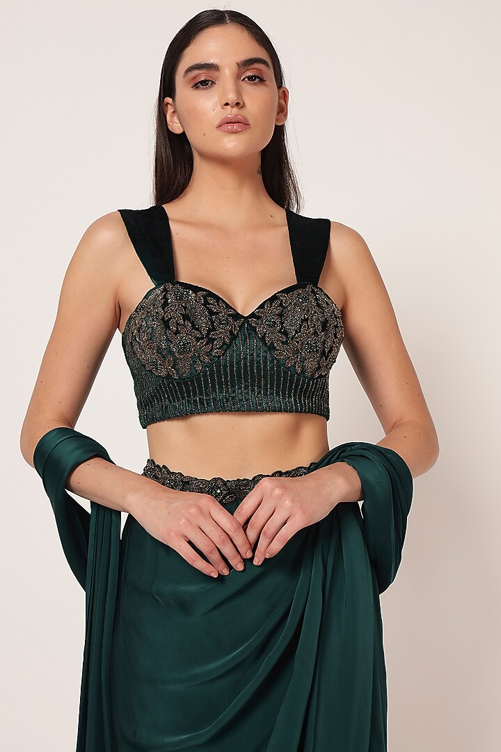 Teal Green Velvet & Crepe Draped Wedding Saree Set by Namrata Joshipura at Pernia's Pop Up Shop