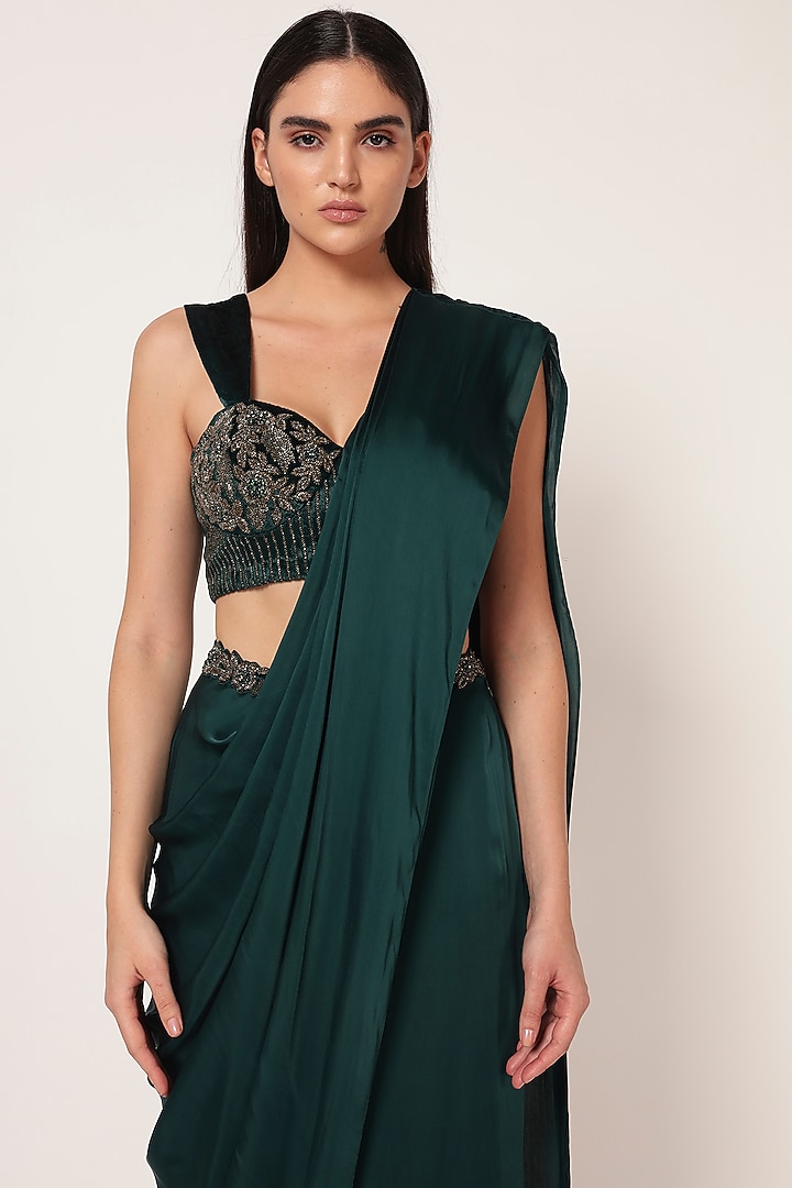 Teal Green Velvet & Crepe Draped Wedding Saree Set by Namrata Joshipura at Pernia's Pop Up Shop