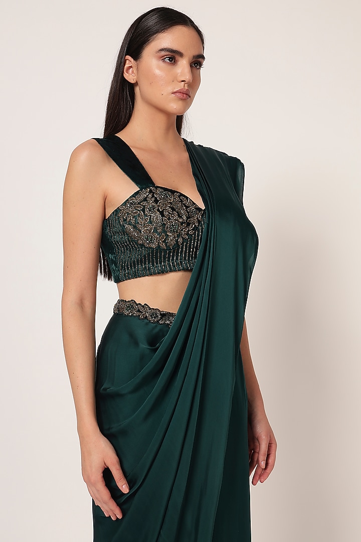 Teal Green Velvet & Crepe Draped Wedding Saree Set by Namrata Joshipura at Pernia's Pop Up Shop