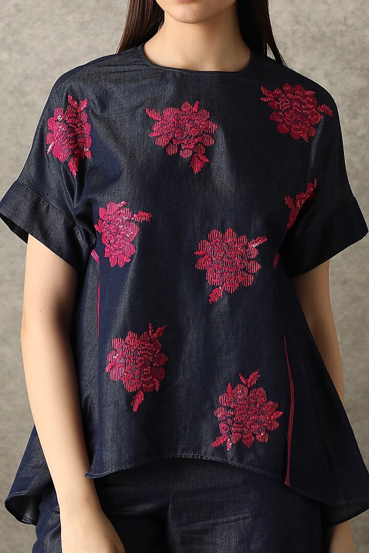 Blue Embroidered Denim Top by Namrata Joshipura at Pernia's Pop Up Shop