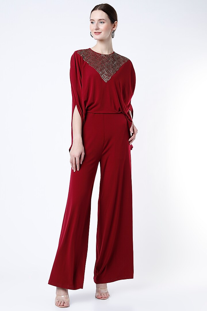 Blood Red Hand Embellished Draped Jumpsuit by Namrata Joshipura