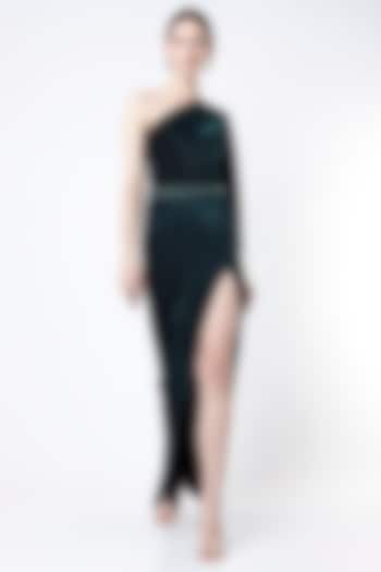 Dark Midnight Green Hand Embellished Draped Gown by Namrata Joshipura at Pernia's Pop Up Shop