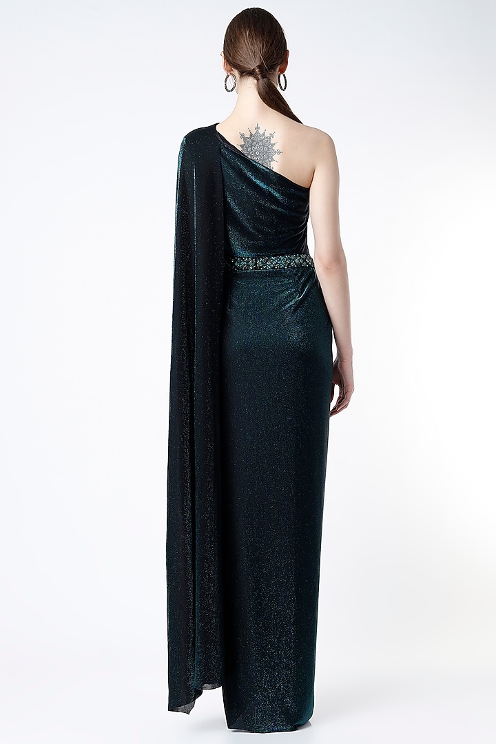 Dark Midnight Green Hand Embellished Draped Gown by Namrata Joshipura at Pernia's Pop Up Shop