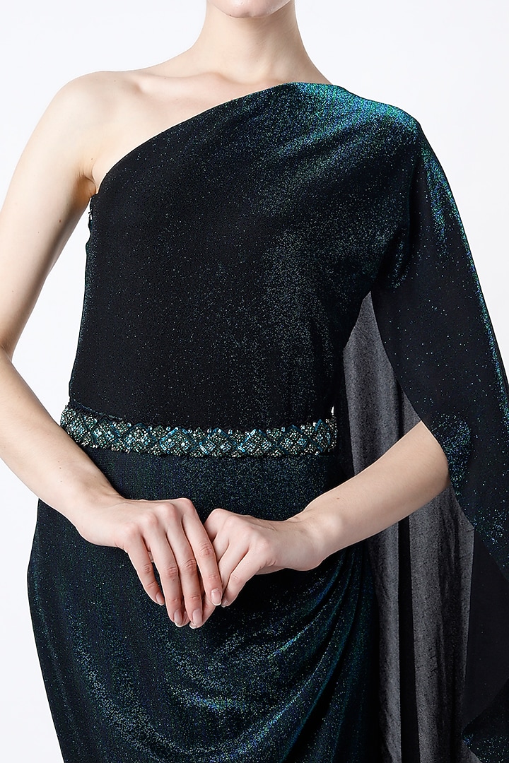 Dark Midnight Green Hand Embellished Draped Gown by Namrata Joshipura at Pernia's Pop Up Shop